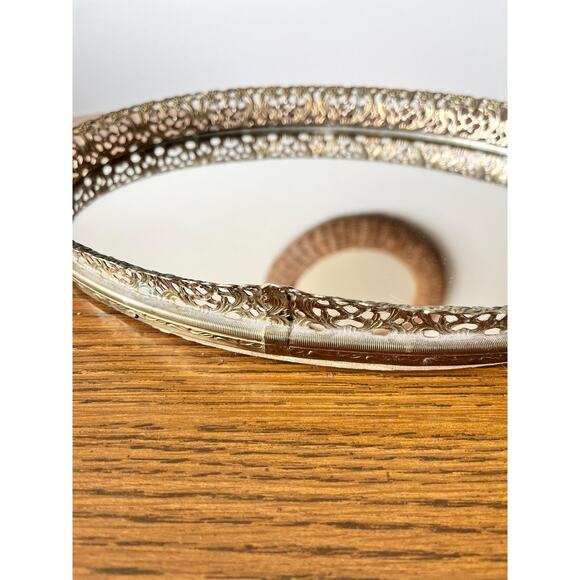 Vintage Brass Floral Filigree Mirrored Vanity Tray: Art Nouveau Organizer - Picture 4 of 6
